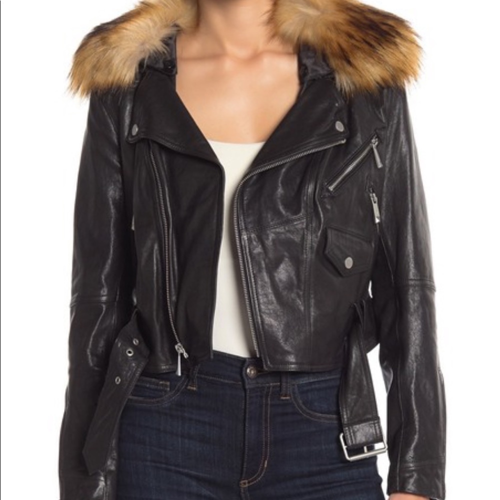 NWT! BCBG Leather Jacket w/Removable Faux Collar